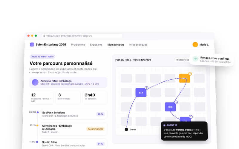 Un parcours de visite de salon personnalisé, construit par un agent IA