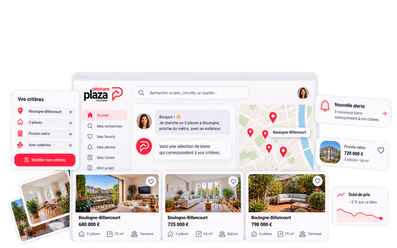 Le chatbot immobilier de Stéphane Plaza Immobilier, avec les critères de recherche et une sélection de biens